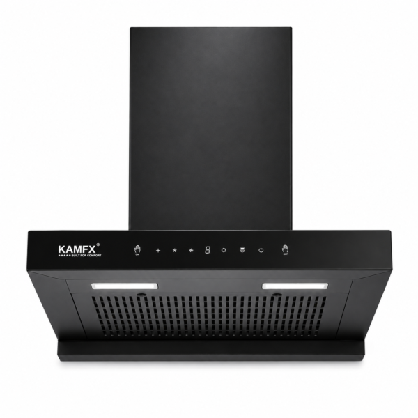 KAMFX ELYN 60 cm T-Shape Auto Clean Kitchen Chimney for Home | 1400 m³/hr Powerful Suction | Touch & Motion Sensor Control | Auto Clean | Filterless Technology | 3 Speed | LED Light | Large Oil Collector