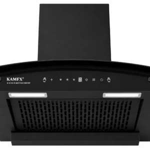 KAMFX RAVIX 60 cm Curve Glass Auto Clean Kitchen Chimney for Home | 1450 m³/hr Powerful Suction | Touch & Motion Sensor Control | Auto Clean | Filterless Technology | Powerful Copper Motor | Large Metal Blower | Metal Oil Collector