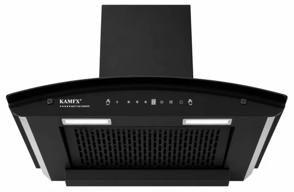 KAMFX RAVIX 60 cm Curve Glass Auto Clean Kitchen Chimney for Home | 1450 m³/hr Powerful Suction | Touch & Motion Sensor Control | Auto Clean | Filterless Technology | Powerful Copper Motor | Large Metal Blower | Metal Oil Collector